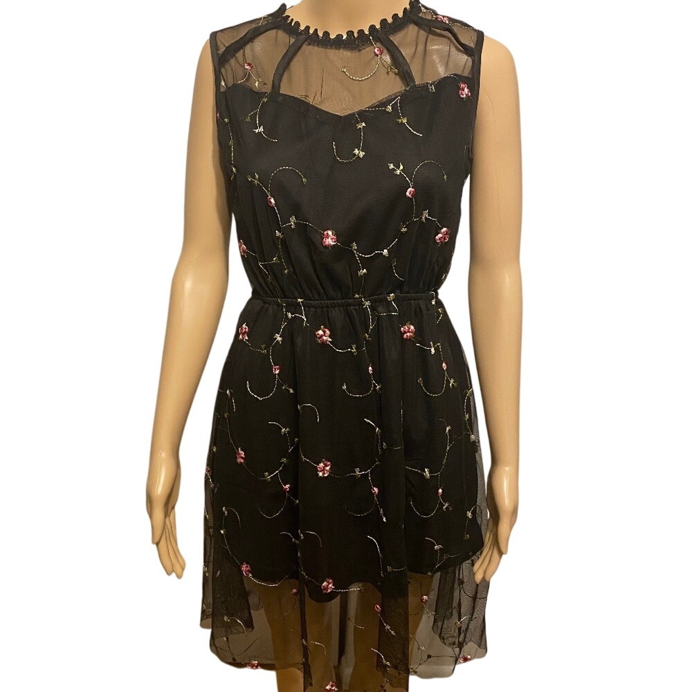 Black Floral‎ Embroidered Mesh Overlay Party Dress Sleeveless NWT
